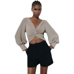 ZARA Taupe Silky New w/Tags Crop Knotted Pleated Blouse Top S